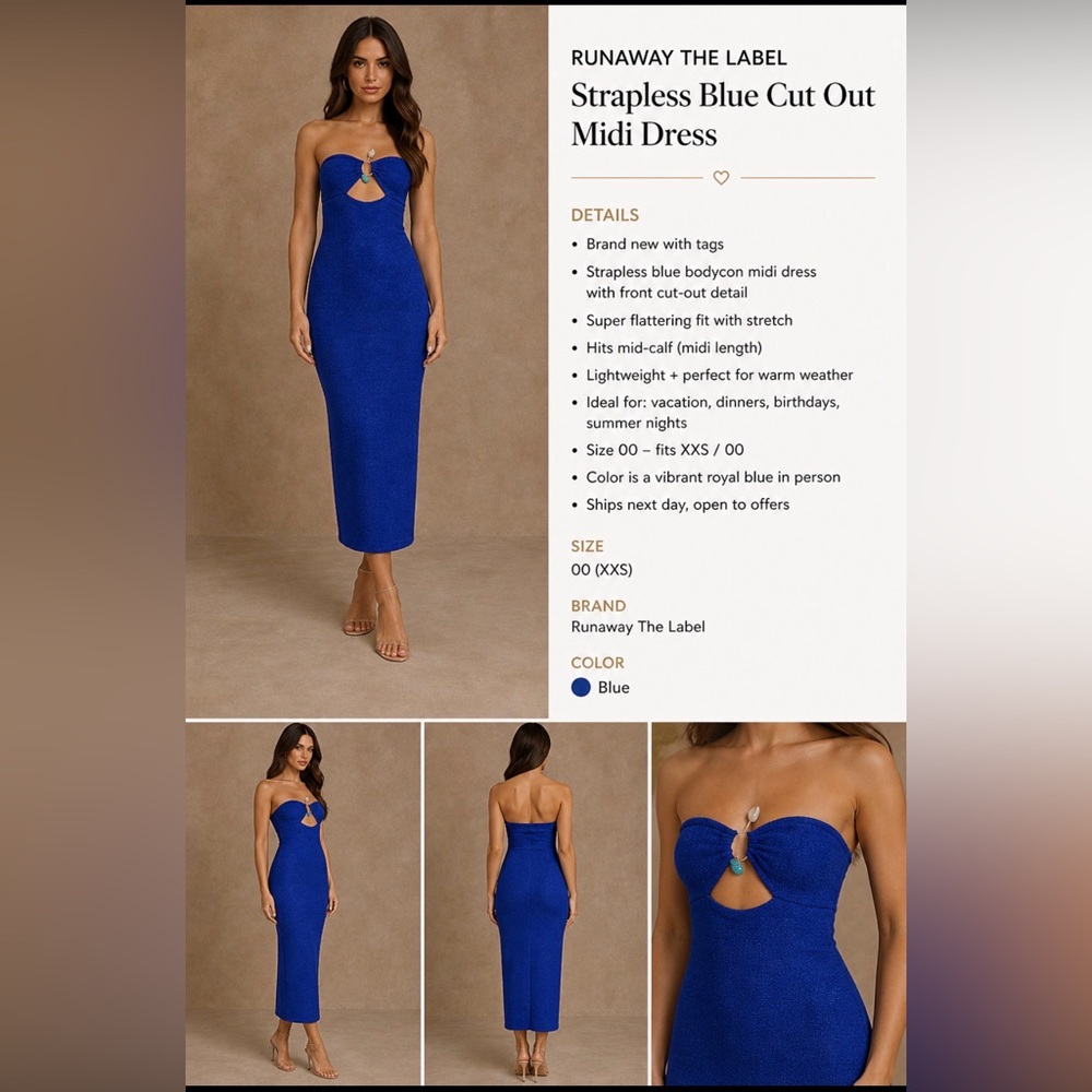 Runaway The Label Blue Strapless Cut Out Midi Dress Bodycon Summer Vacation